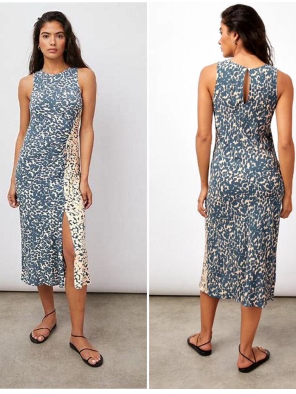 Rails Sleeveless Blue and Cream Patterned Midi Dress with Side Slit